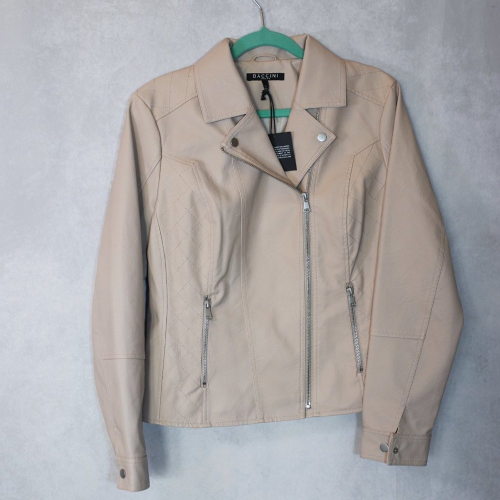 BACCINI Women's Moto Jacket Vegan Faux Leather Cream Tan Size L NWT